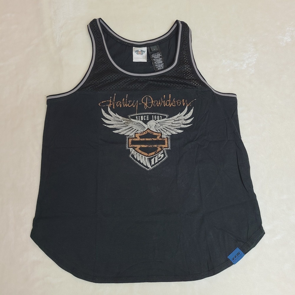 Harley Davidson Shirt Womens L Black 115 Years Anniversary Tank Top Biker Mesh